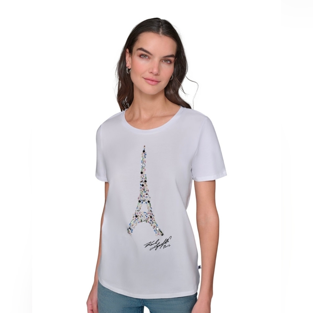 Karl Lagerfeld White Tee with Eiffel Tower Graphic Sequined T-shirt